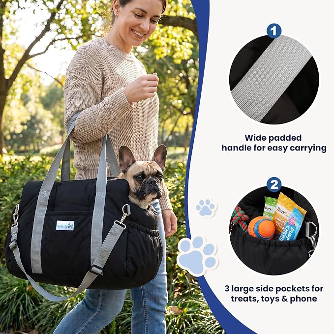 Small Dog Car Seat Cute Puppy Carrier Dog Bed w/Waterproof Bottom | Booster Console Car Seat with Safety Leash, Cozy Pet Car Bag for Travel with 3 Pockets and Adjustable Buckles