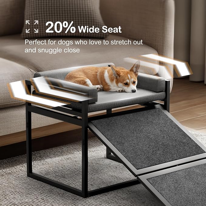 Non Slip Dog Ramp with Seat Extra Wide Seat Doggie Mate Stairs Grey | Metal Frame Puppy Chair for High Bed Couch Office,Dachshunds Ladder,Washable Cushion Pet Step for Small Old Pets,Cat Ladder
