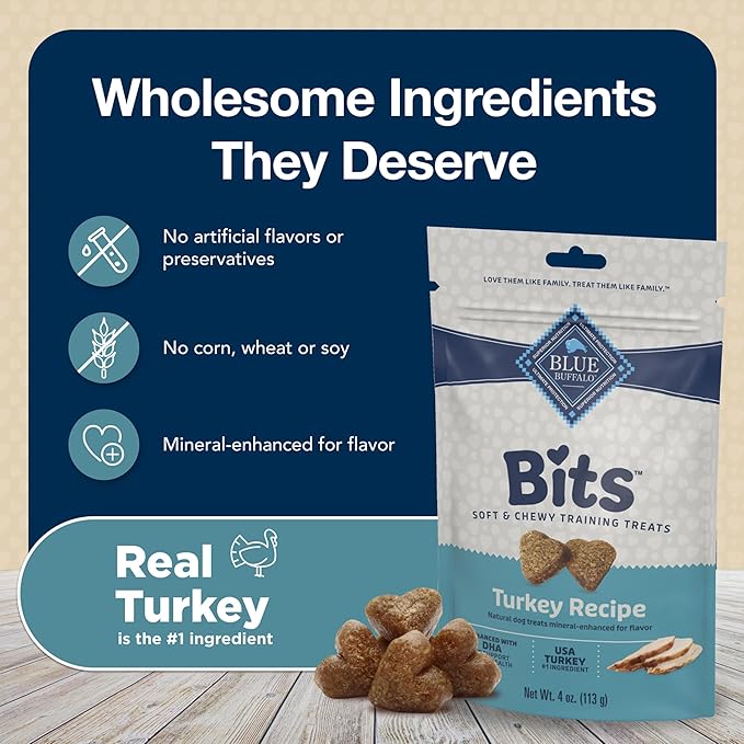 Blue Buffalo Bits Soft Dog Treats for Training, Made with Natural Ingredients & Enhanced with DHA, Turkey Recipe, 4-oz Bag (Pack of 6)