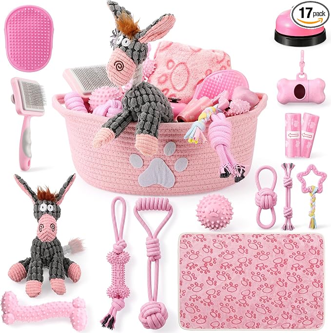 Zopeal 17 Pcs Summer Puppy Gift Set, Dog Toy & Essentials Bundle with Chew Toys, Poop Bag Dispenser, Grooming Brush, Training Bell, Blanket & Rope Basket (Pink,Donkey)