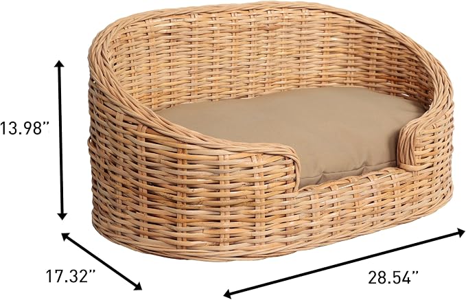 DBD1000B Curvy 28.5" x 17.25" Classic Handwoven Rattan Pet Bed with Machine-Washable Cushion, Light Brown