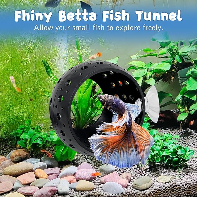Fhiny 2 PCS Betta Tunnel, Beta Fish Tank Decor, Suction Cup Shrimp Hide, Betta Resting Spot, Aquarium Hammock Hideout Cave for Guppy Resting(Black)