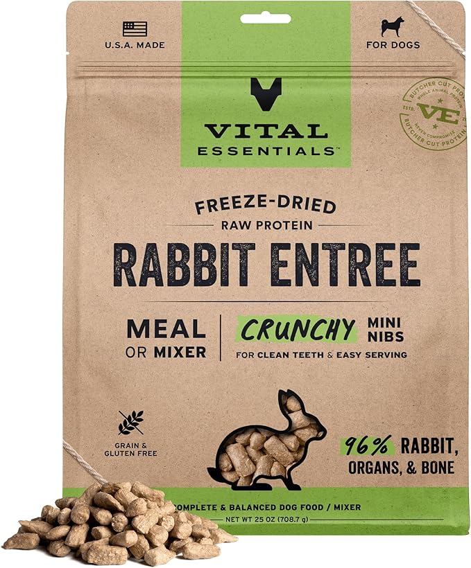 Vital Essentials Freeze Dried Dog Food, Rabbit Mini Nibs, 25 oz Bag | Crunchy, Complete Meal or Topper, Made With 96% Rabbit, Organs & Bone, High Protein Raw Nutrition, Grain-Free Recipe