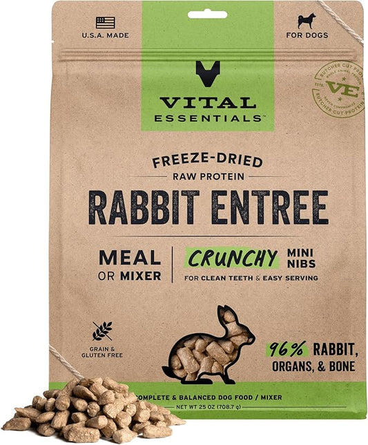 Vital Essentials Freeze Dried Dog Food, Rabbit Mini Nibs, 25 oz Bag | Crunchy, Complete Meal or Topper, Made With 96% Rabbit, Organs & Bone, High Protein Raw Nutrition, Grain-Free Recipe