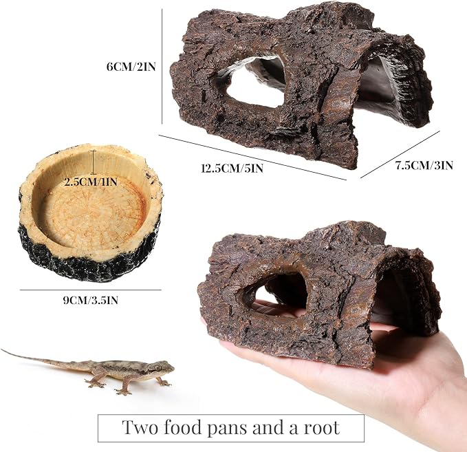 Reptile Hide & Food Bowls - Lizard Resin Hollow Tree Trunk Hideout, Bearded Dragon Tank Accessories - Water Dish Habitat Tank Decoration for Lizards, Snake, Gecko - 3 Pcs (Brown Rock)