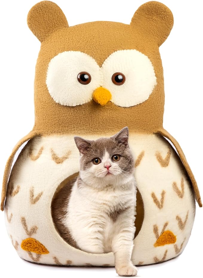 Luxurious Merino Wool Cat Cave - Foldable Hideaway Pod for Indoor Cats - Premium Felt Kitten Pet Enclosure - Covered Cat House for Ultimate Cozy Comfort by Woolygon (Owl)