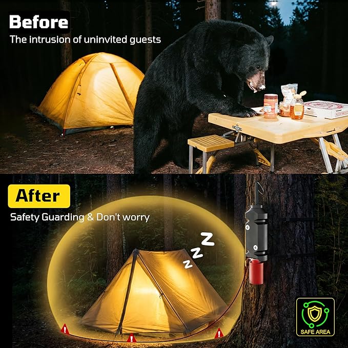 Alarme de périmètre, Alarme de déclenchement calibre 12, Dispositif d'alarme de déclenchement de camping avec vis et chaînes d'extension, Système d'alerte précoce pour le camping et la sécurité extérieure/Dissuasif d'ours (Convient à plusieurs modèles)