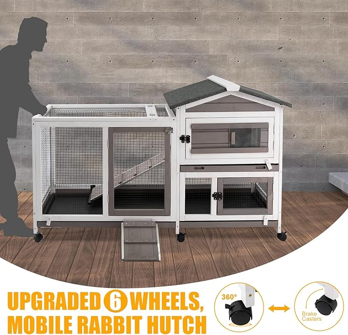 Rabbit Hutch Indoor and Outdoor 2-Story Rabbit Cage with Pull Out Tray,Fir Wood Pet House with Wooden Ramp,Waterproof Bunny Cage Indoor with 2 Asphalt Roofs,Grey (55.3" L x 21.5" W x 34.5" H)