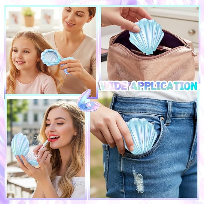 LemonRoad 24 Sets Mermaid Party Favors Shell Hair Brush with Mirror Card, Foldable Mini Travel Compact Hair Brush for Women Birthday, Bachelorette, Under The Sea, Beach Party Gifts(Blue)