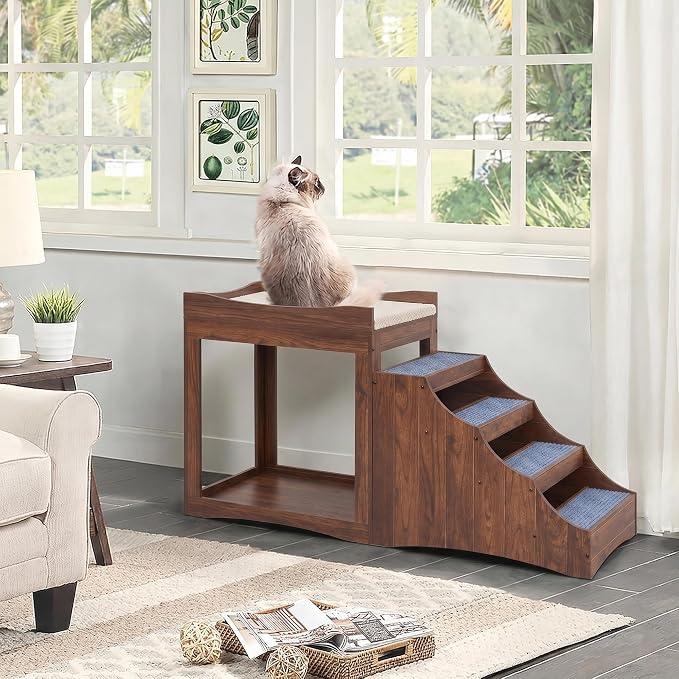 unipaws Large Pet Bunk Bed with Removable Step for Dogs and Cats | Multi-Level Bed Window Perch Seat Platform with Cushion, Indoor Use, Walnut