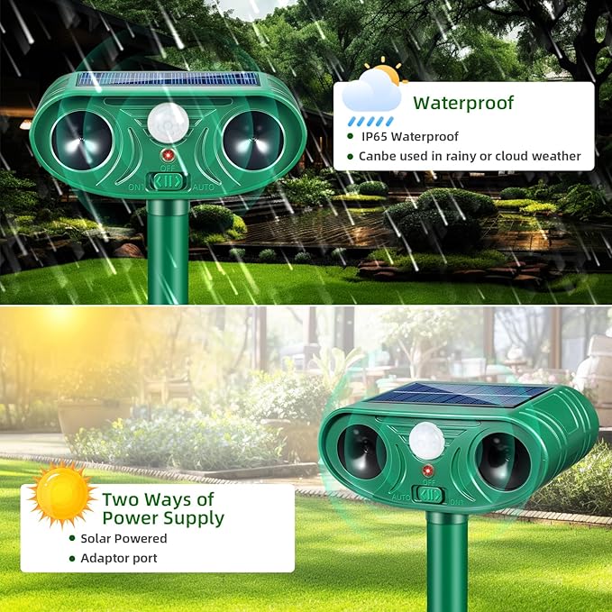 2026 Upgraded Solar Animal Repellent Ultrasonic Outdoor, 2 Pack IP65 Waterproof Deer Repellent & Cat Deterrent with Motion Sensor, Effective Racoon Rabbit Skunk Squirrel Repeller for Yard Garden