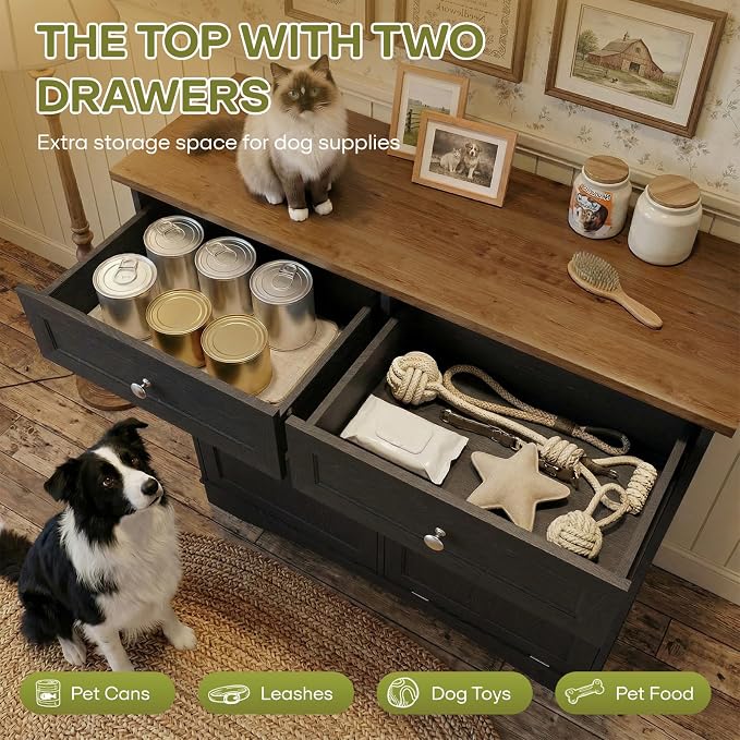 Furnaza Pet Feeding Station with 4 Bowls,Dual Doors Dog Cabinet Storage | Black 39.7"W Dual Doors Pet feeding station with storage for dogs and cats, Pet Food Storage for Kitchen, Living Room
