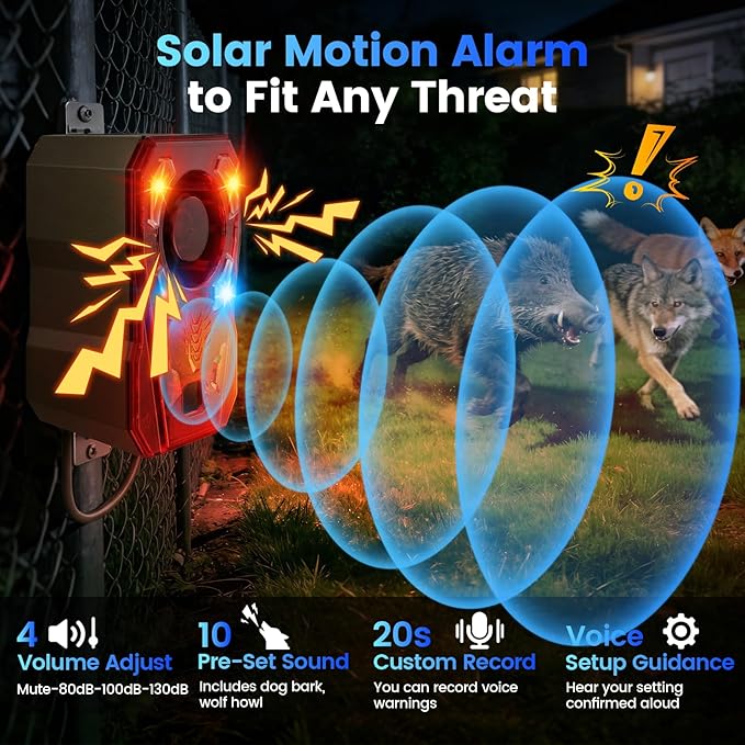 Upgraded Motion Sensor Alarm Outdoor, Radar + IR Dual Protection to Deter Deer, 130dB Dog Bark w Strobe Light, 10 Sounds & 20S Recording, Solar Waterproof Motion Detector for Garden Yard Farm
