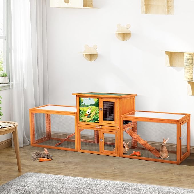 COZIWOW Large Wooden Rabbit Hutch Outdoor Indoor, 94.5" L 2-Level Bunny Cage for 2 or More Small Animals with Removable Tray & Multiple Entrances (Orange)