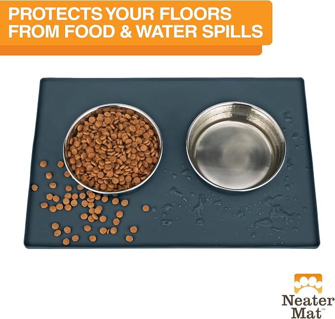 Neater Pet Brands Neater Mat Pet Mats for Food and Water, Cat & Dog Bowl Mat Waterproof Silicone, Feeding Tray, Dog Food Mats for Floors, Placemat w/Raised Edge for Under Bowls, 32" x 24", Slate Blue