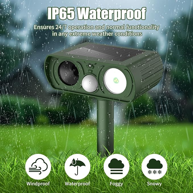 Solar Ultrasonic Animal Repellent, Deer Repellent Devices Waterproof, Cat Repellent Outdoor with Motion Detection Squirrel Skunk Rabbit Dog Raccoon Deterrents Animal Repeller for Yard, 2 Pack, Green