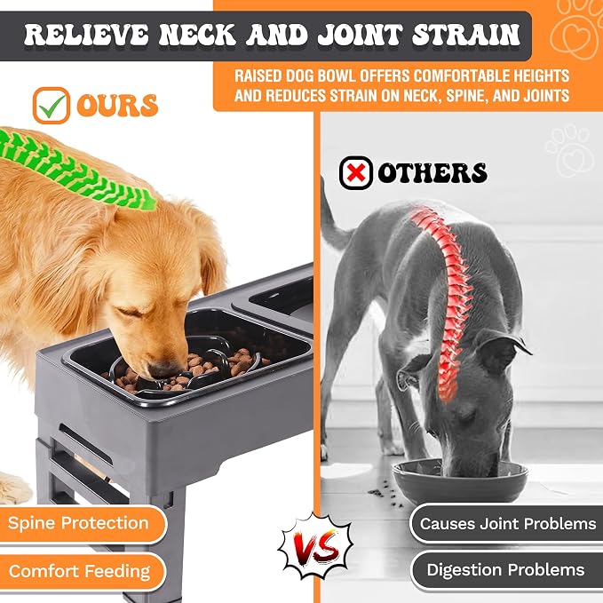 Elevated Dog Bowls with Collapsible Scoop, Slow Feeder Dog Bowls & No-Spill Water Bowl, Raised Dog Bowl Stand 4 Adjustable Heights for Small, Medium & Large Dogs