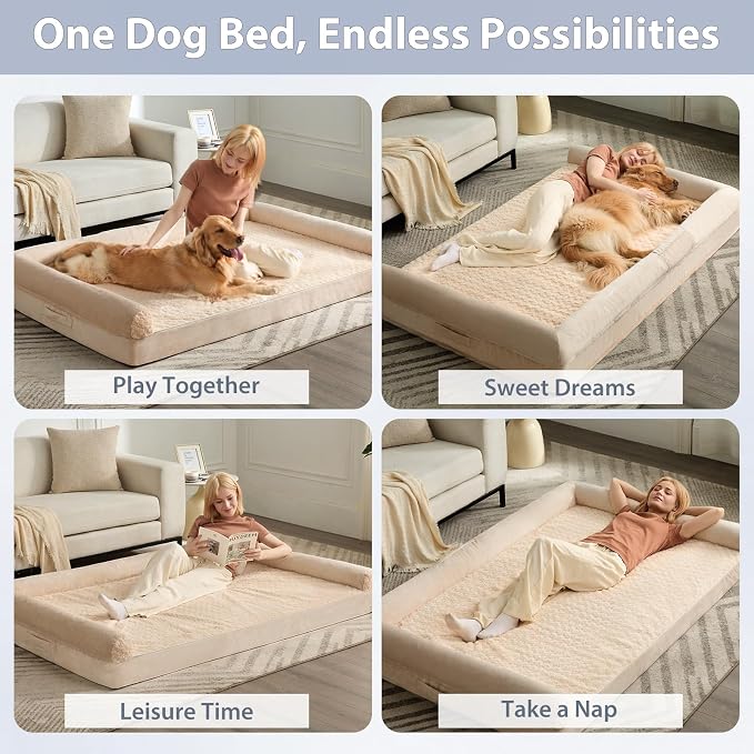 BFPETHOME Orthopedic Washable Human Dog Bed for Adult & Dog Cozy Sleep | Human Size Waterproof Big Soft Pet Couch Bed for Adult & Dogs Relax with Removable Cover Supportive Foam Beige 71x46 Inch