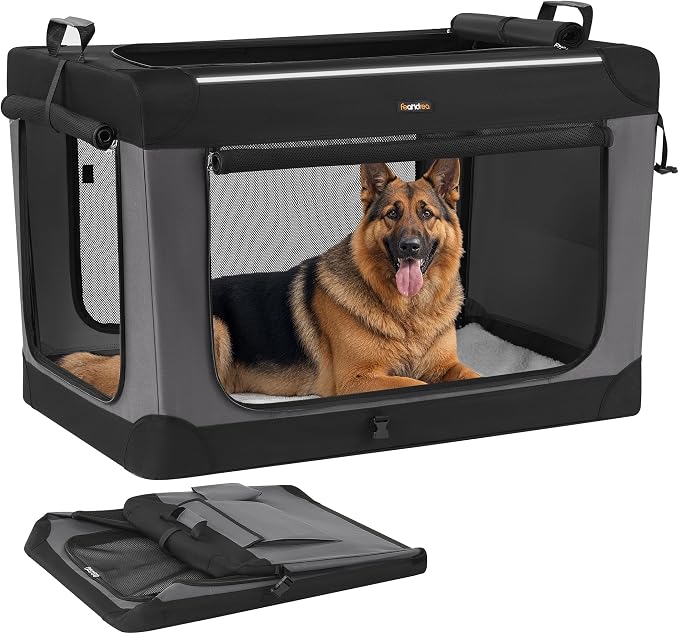 Feandrea Collapsible Dog Crate, Portable Travel Crate, 42-Inch | Oxford Fabric Pet Carrier with 4 Mesh Doors, Handles, Storage Pocket, Water Bottle Holder, UPDC021B01