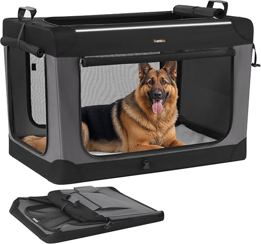 Feandrea Collapsible Dog Crate, Portable Travel Crate, 42-Inch | Oxford Fabric Pet Carrier with 4 Mesh Doors, Handles, Storage Pocket, Water Bottle Holder, UPDC021B01
