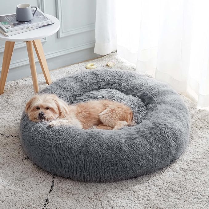 Western Home Calming Donut Small Medium Pet Dog Bed Washable,27" Navy Grey | Fluffy Faux Fur Round Cuddler,Anti-Anxiety,Anti-Slip Bottom,Plush Pet Dog Beds for Small Medium Sized Dogs,Up to 35 LBS