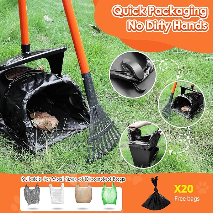 Lukovee Dog Pooper Scooper, 37.4" Long Adjustable Metal Handle Swivel Bin & Rake & Spade Kit with 20 Poop Bags, Portable Dog Non-Breakable Poop Scooper for Gravel Yard Lawn Grass, Orange