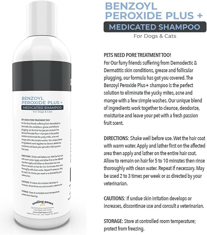 Smiling Paws Pets - Itch Relief Shampoo for Pets - Contains Benzoyl Peroxide - Kills Fleas - Relieves Allergies, Itching, Dermatitis, Mange, Dandruff, Acne, Demodex, Seborrhea, Pyoderma - 12oz