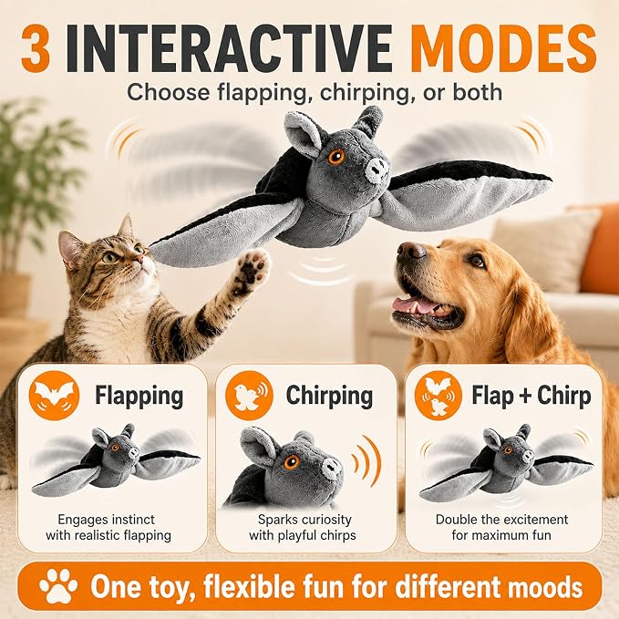 Flying Bat Dog Toy, Flying Bat Toy for Dogs & Cats with Flapping Wings and Chirping Sound, Motion-Activated Interactive Pet Toy for Hanging, Ground and Indoor Chase Play (1PC)