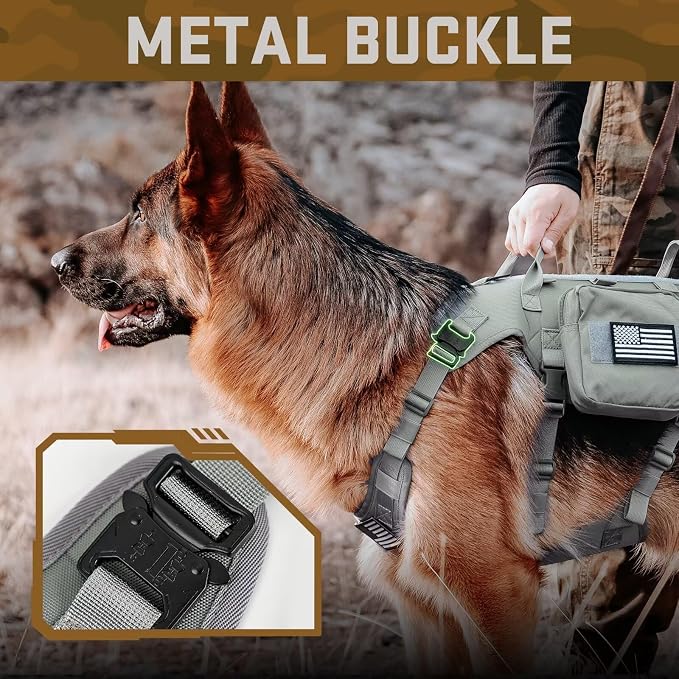 Forestpaw Tactical Dog Harness for Large Dogs,Tactical Dog Collar with Bungee Leash Set,No Pull Military Dog Harness for Walking Training,Adjustable for Medium Large Dogs,Gray,Chest 27-40"