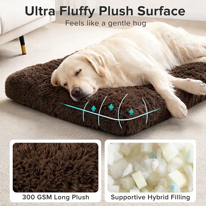 JOEJOY Large Dog Bed Crate Pad, Deluxe Plush Washable Dog Beds Fulffy Soft Kennel Pad Anti-Slip Pet Sleeping Mat for Extra Large Medium Small Dogs, 40" x 27", Brown