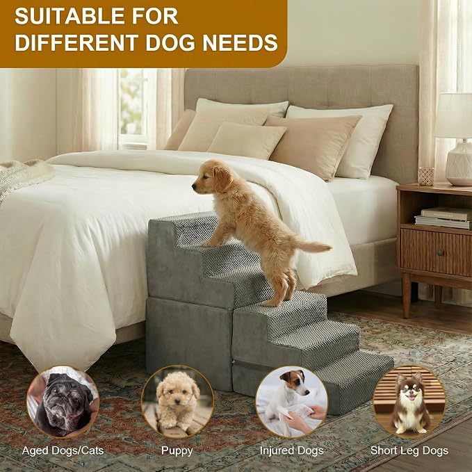 Dog Stairs for Small Dogs, 6-Step Dog Steps for High Bed, High-Density Foam Pet Stairs with Non-Slip Removable Washable Cover to Get on Bed