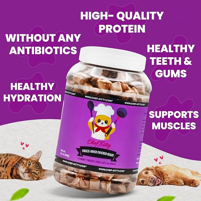Chicken Hearts for Dogs | Cat Treats Freeze Dried, 100% Human Grade, Single Ingredient | High Protein Cat & Dog Food Toppers | No additives or Preservatives | Inspected & Tested in USA | 2.6 oz.