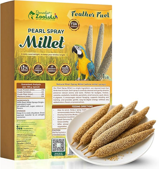 Danodia's Zoolulu Pearl Spray Millet for Birds, 950 g (2 lbs) | All-Natural, Sun-Dried Non-GMO Treats | Hand-Selected for Parakeets/Budgies, Finches, Canaries, Cockatiels & Lovebirds