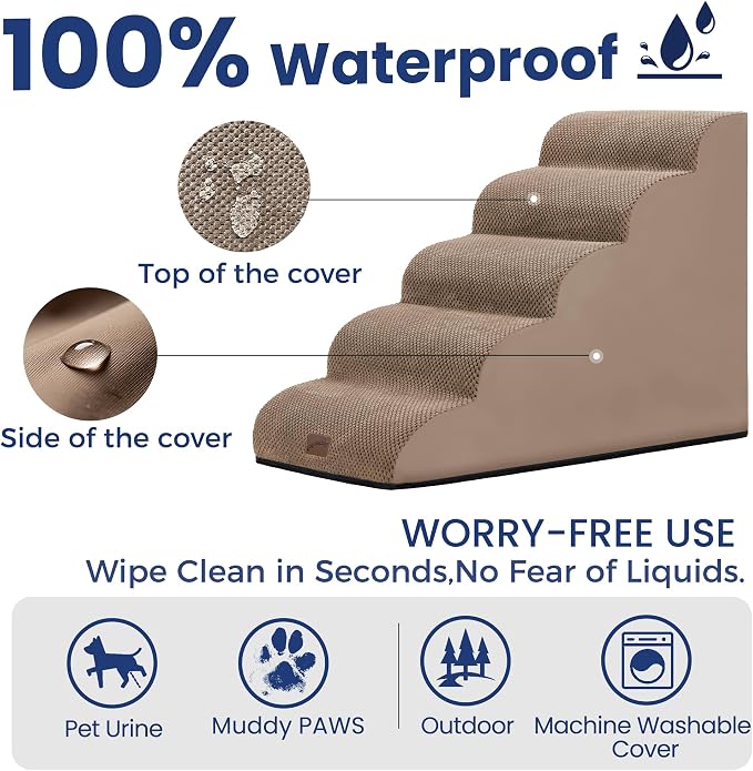 GoGoBunny Ramp Dog Stairs for High Beds 24.4" H, 5-Step Extra Wide Dog Slope Stairs with Durable Waterproof Fabric Cover, Pet Steps for Old Large Dogs Climbing, Non-Slip Sturdy Indoor Step, Camel
