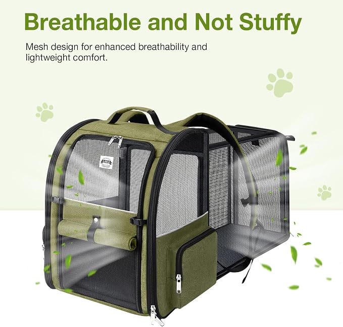 Large Cat Backpack Carrier Expandable Pet Carrier Backpack for Small Dogs Medium Cats Fit Up to 18 Lbs, Dog Backpack Carrier, Foldable Puppy Backpack Carrier for Travel,Dark Green, Large