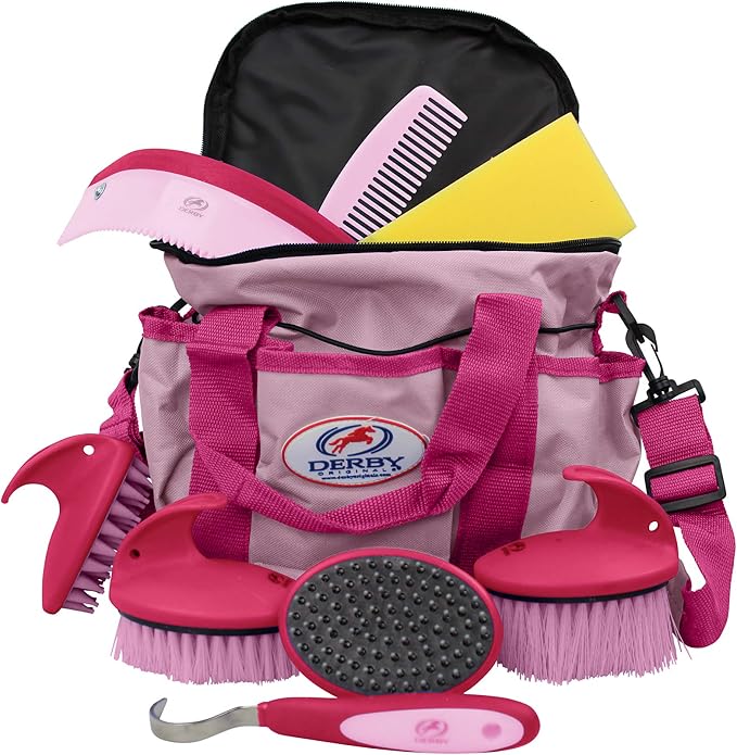 Derby Originals 9Piece Horse Grooming Set with Matching Nylon Carry Bag - Available in 8 Fun Colors, Hot Pink & Pink