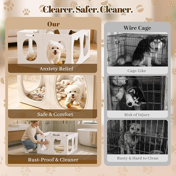 Clear Acrylic Dog Playpen Indoor with Toy & Door (24" H, 8 Panels, White) | Transparent Puppy Playpen for Dogs, Cats, Rabbits or Small Pets, Indoor Modern Dog Play Pen for Home, Easy Clean & Assemble