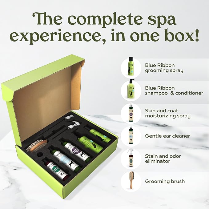 Pawfume Dog Gift Basket, 6-Piece Grooming Gift Box | 6-piece spa kit with probiotic deodorizer spray, hypoallergenic grooming mist & premium brush, Dog Gift Boxes for all breeds