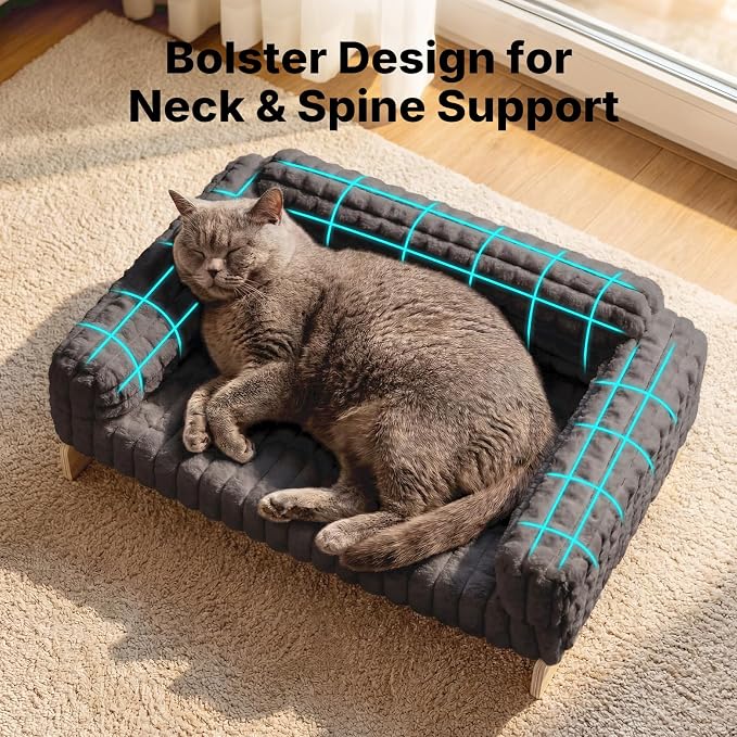 Veehoo Elevated Cat Bed Indoor, Wood Furniture Style Cat Couch Sofa | Indoor cats couch bed, removable washable cover, easy assembly, cozy fluffy cushion