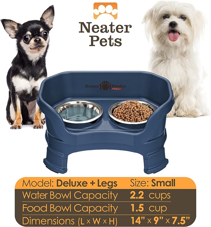 Neater Feeder Deluxe Mess-Proof Elevated Dog Bowls for Small Dogs (Up to 19 lbs), 2 Height Adjustable (6” & 7.5”) No-Spill Raised Dog Bowl Stand, Stainless Steel Food Bowl Set, Made in USA, Dark Blue
