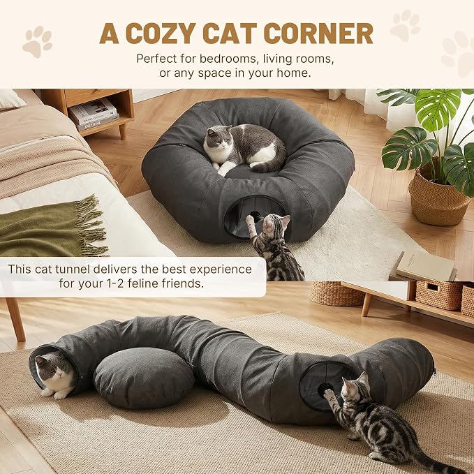 Cat Tunnel Bed for Indoor Cats, Cooling Natural Linen Cat Tunnel 29.5in | Breathable Kitten Toys Cat Tunnel with Washable Mat, Round Pet Tunnel for Kittens, Squirrels Dark Grey