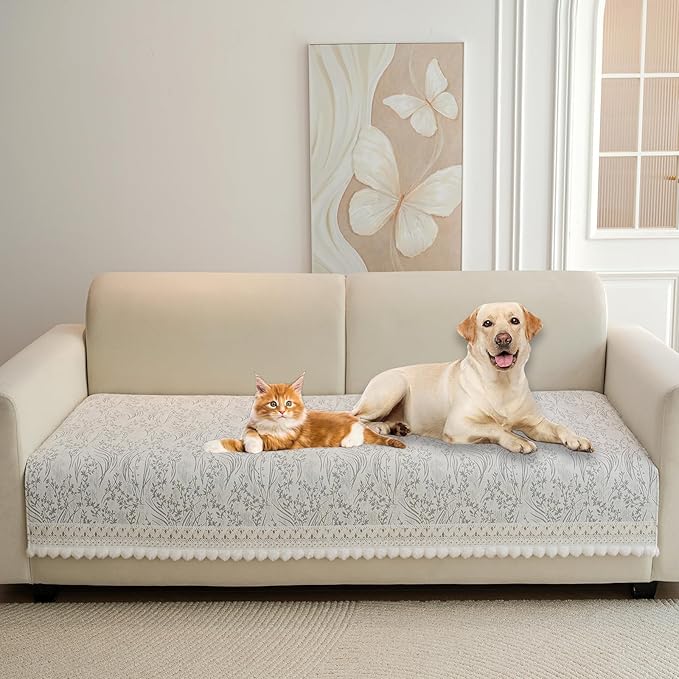 HANDONTIME Floral Chenille Couch Cover for Pets – Plush Fringed Edges, Washable & Non-Slip Sofa Protector, Pet-Friendly Dog Bed Cover for Couches and Sectionals (Light Grey,35.4" x 63")