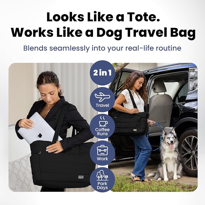 Puffer Dog Travel Bag for Dog Moms, Diaper Bag with Travel Bowls | 2 BPA-Free Collapsible Bowls, 2 Pet Food Containers, 9 Pockets, Everyday Puffer Bag Works With or Without Your Dog, Black