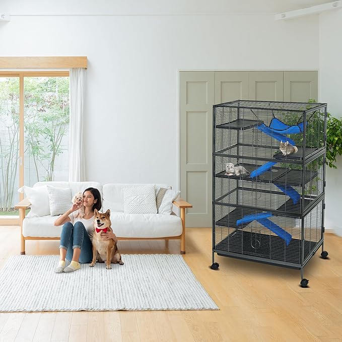 Metal Small Animal Cage 6-Tier Ferret Sugar Glider Cage for Chinchillas/Guinea Pig/Rabbit/Large Hamste Rolling Critter Nation Cage with Flannel ramps, Removable Tray,6 Doors Easy Clean