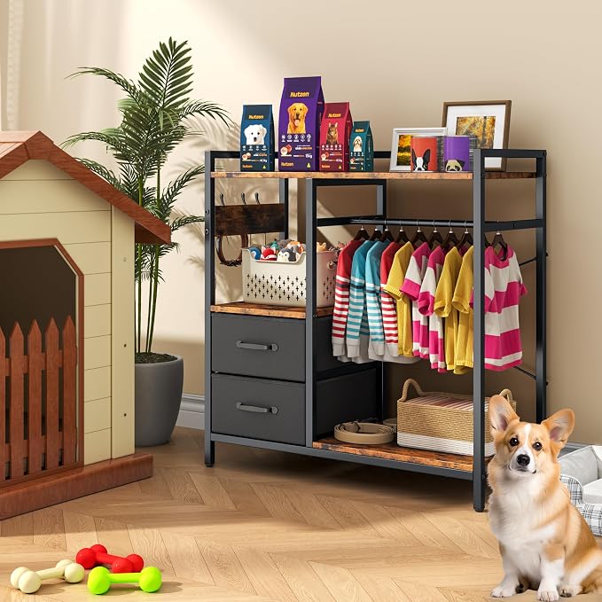 kepptory Dog Closet with Drawers & 4 Hooks, Freestanding Pet Garment Rack for Dog Clothes & Cat Accessories, Pet Supply Storage Organizer, Metal Frame Industrial Style
