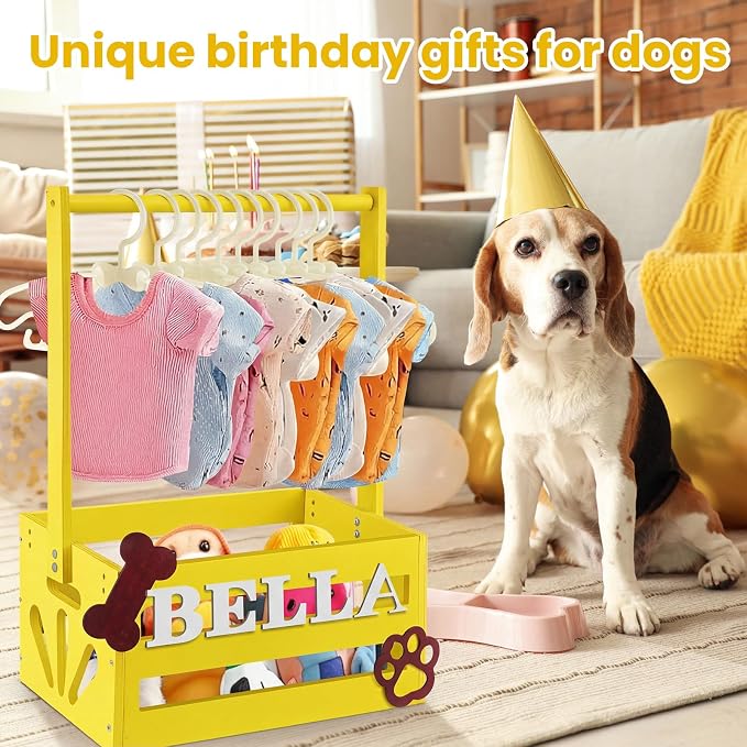 Teenyyou 20" x 13" x 9" Wooden Dog Closet Pet Wardrobe Crate Box with Hanging Rods and Personalized Alphabet Letters Easy Assembly Baskets for Dog Cat Toys Clothes Accessories(Yellow)