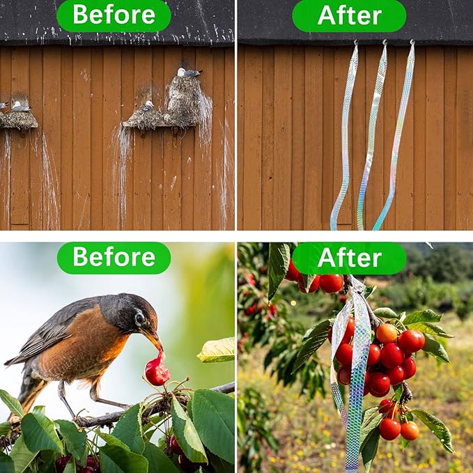 [492FT] Effective Birds Scare Ribbon, Reflective Flash Reflectors to Keep Pigeons, Hawks, Woodpeckers, Geeses Away from Trees Plants Crops