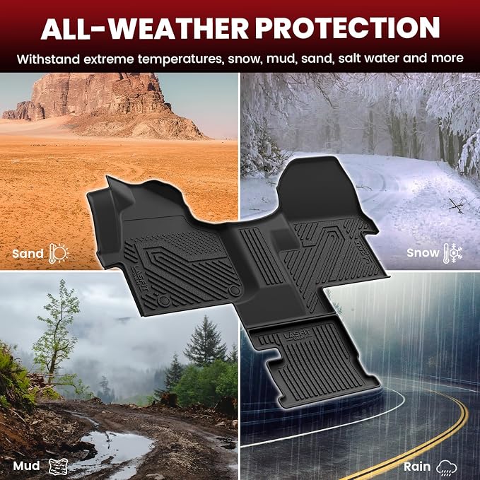 LASFIT Floor Mats for Mercedes Benz Sprinter 1500/2500/3500/4500 2019-2026 (Fit Cargo Van & Cab Chassis), All Weatehr TPE Floor Liners Custom Fit Sprinter 1st Row with Center Aisle Liner