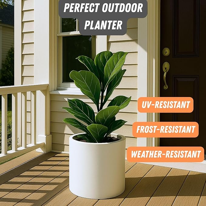 Fox & Fern Large Indoor Planter, Modern Large Plant Pot for Indoor or Outdoor, UV and Frost Resistant - 12 Inch, Matte White Flower Pot with Drainage Plug, Lightweight
