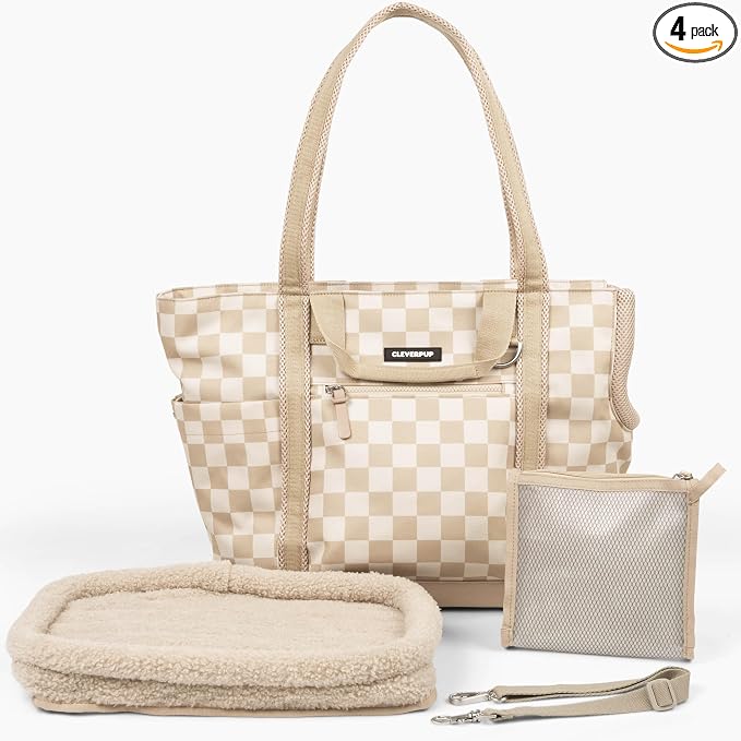Transit Tote Dog Carrier 4-Piece Set - Premium Lightweight Pet Travel Bag with Plush Teddy Insert, Food Pouch, Air Mesh Opening, Water-Resistant Base & Safety Tether - Medium Checkerboard